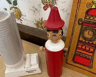 Vintage Pinocchio bank, Peachtree Plaza vase 