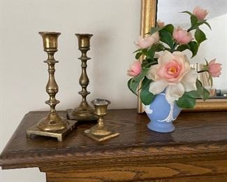 Brass candlesticks, wedgewood vase