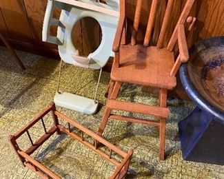 Vintage high chair and doll cradle, vintage potty seat with foot stool