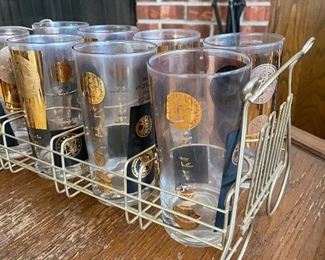 Mid Century Hi Ball coin glasses in carrier 