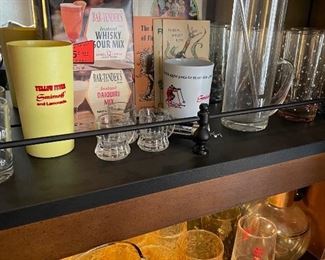 Mid Century Barware and accessories (and Armoire style lit bar cabinet with locking liquor cabinet)