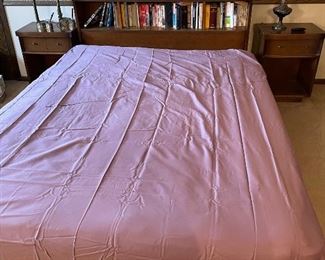 Mid Century Queen size bed with built in bookcase headboard.  Matching nightstands, high boy and lowboy.  