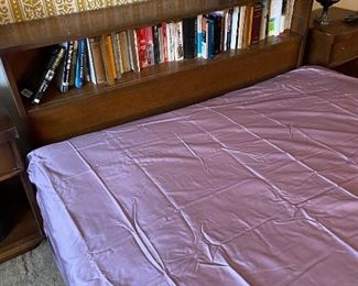 Mid Century Queen size bed with built in bookcase headboard.  Matching nightstands, high boy and lowboy.  
