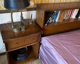 Mid Century Queen size bed with built in bookcase headboard.  Matching nightstands, high boy and lowboy.  