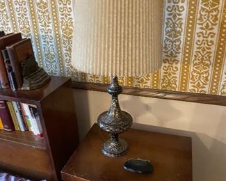 Mid Century Queen size bed with built in bookcase headboard.  Matching nightstands, high boy and lowboy.  Vintage lamp 