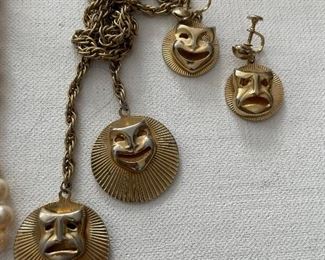 Vintage comedy and tragedy necklace and clip earring lot 