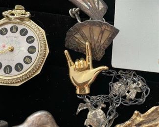 Vintage Chanel earrings (pierced), Sterling and Abalone fan clip on earrings, sterling WWII Marines charm bracelet, Sign Language I Love You brooch (sterling), Brichot pendant pocket watch 