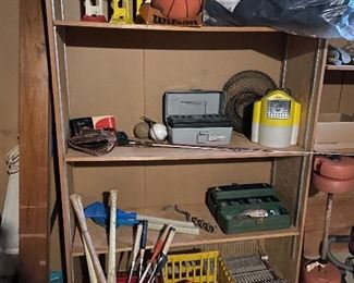 vintage sporting equipment, tent, badminton rackets, baseballs and bats 