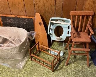 Vintage doll furniture, baby items 