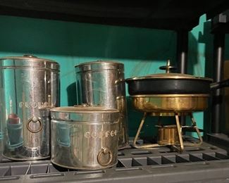 Antique coffee canisters, chaffing dish 