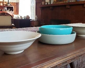Seafoam Bauer Bowl; Gladding McBean Turquoise Deco Bowl; Pair of Graduated Swirl Bowls