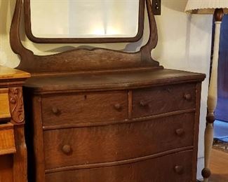 Antique Dark Oak Serpentine Dresser w/ Beveled Mirror