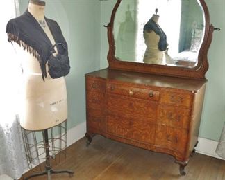 Antique Burled Dresser w/ Beveled Mirror and Mother-of-Pearl Inlay; Antique Dress Form w/ Iron Base (one of two)