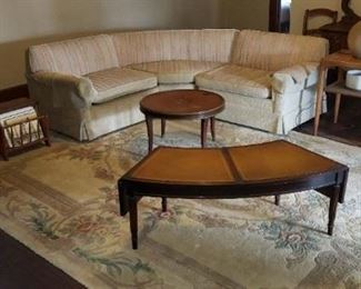 1970's Sculpted Chinese Rug; Mid-Century Sectional Sofa; Curved Mahogany Leather-Top Drop Leaf Coffee Table; Square Marble Top Walnut Side Table, Maple Magazine Rack / Bench