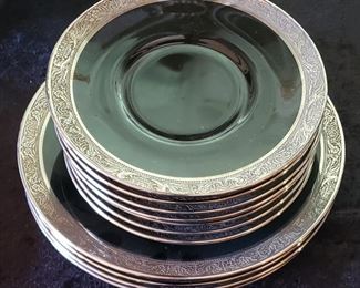 Set of Deco Black Glass Plates & Saucers w/ Sterling Silver Rims