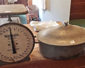 Vintage Kitchen Scale and Lidded Casserole Pot