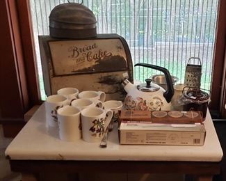 Vintage Tin Dough Form & Bread Basket on an Old Enamel Kitchen Table; Mid-Century Electric Knives