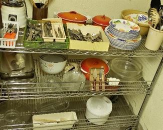 Mid-Century Corningware, Enamel Belgium Pots; Dishes; Vintage Enamel Osterizer; Vintage Pyrex, Flatware, etc.  LOTS of Stainless Shelving for sale!