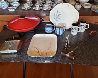 1960's Atomic Electric Wok; 60's Platters, S & P Long Arm Shaker, Warming Stand, on a Black & White Fleck 1960's Drop Leaf Breakfast Table