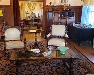 Assembled Pair of Victorian Parlor Chairs; Dark Oak Mission Style Glass Top Coffee Table; 1920's American Persian-Style Rug, over 17 feet