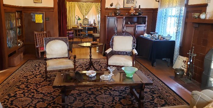 Assembled Pair of Victorian Parlor Chairs; Dark Oak Mission Style Glass Top Coffee Table; 1920's American Persian-Style Rug, over 17 feet