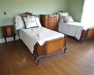 Pair of Antique Veneer / Painted Twin Beds & Nite Stand