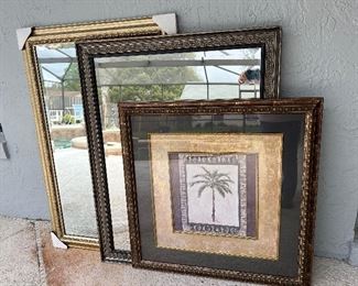 Two Large Format wall mirrors and one large Palm tree wall art.  Pam tree has multiple layers mats