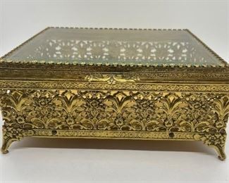 Vintage Gold Gilded Brass Filigree Jewelry/ Trinket Box with Beveled Glass Lid
