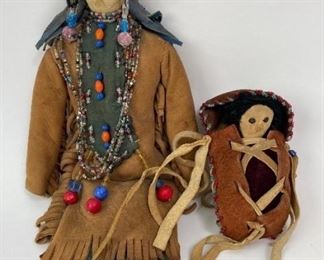 Antique Rebecca Blue Cloud (Dakota 1883-1944) Beaded Hide Doll w/ Baby in Papoose
