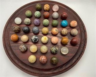 Victorian Style Marble Solitaire Game - 37 Hole Board with 38 Mineral Stone Marbles
