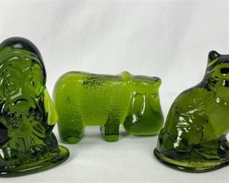 3 Vintage Viking Green Glass Figurines- Cat, Dog and Hippo

