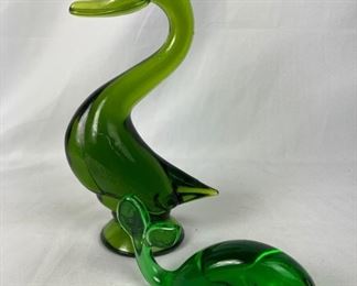 Vintage Viking Green Glass 9" Duck Figurine and Small Green Whale Figurine