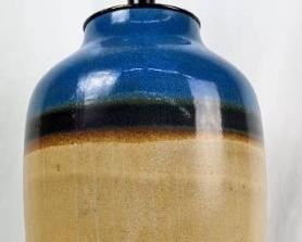 Large Raymor 1960's Italian Blue, Cream & Copper Banded Glazed Ceramic Table Lamp