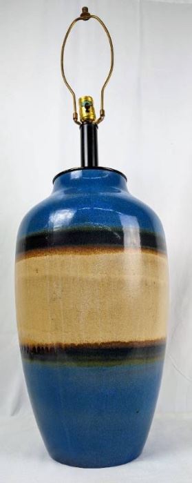 Large Raymor 1960's Italian Blue, Cream & Copper Banded Glazed Ceramic Table Lamp