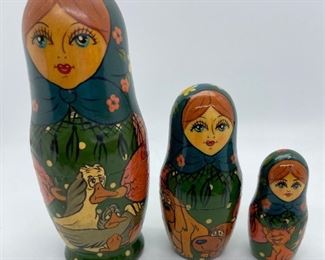 Vintage Russian Nesting Doll (Matryoshka) - Woman with Ducks, Dogs and a Cat - Made in Russia