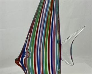 Tall Art Glass Fish Figurine with Multi-Colored Pinstripes