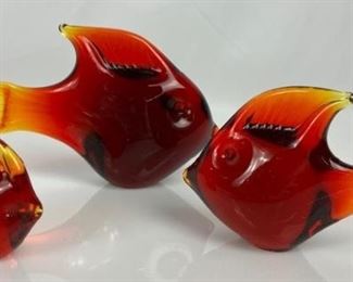 Collection of Three Murano Art Glass Fish- Red, Orange & Gold