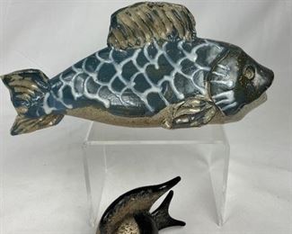 2 Signed Pottery Fish Figurines- One Signed Paul Morris Pottery 1985