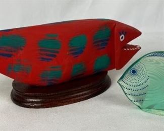 Rafael Morla Carved Wood Fish & Lovely Art Glass Fish - Brazil
