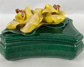 1940's Green Ceramic Covered Trinket Box with Yellow Roses