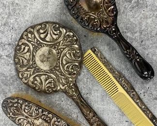 Antique European .835 Pure Silver Mirror, Brush and Comb Set