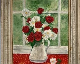 Vintage Framed Painting of Vase of Flowers