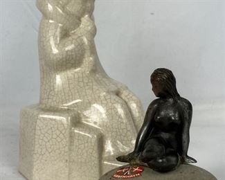 Bronze Danish Little Mermaid Sitting on Stone and Vintage Child Figurine