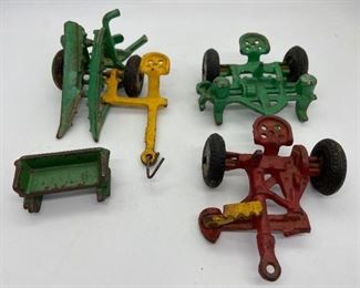 3 Vintage Die Cast Toy Farm Implements - Arcade Sickle Mower, Arcade Two Row Corn Planter and Arcade Corn Harvester