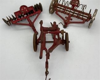 3 Vintage Die Cast Toy Farm Implements - Arcade Hay Rake, Disc Rake and Plow