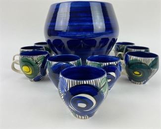 Hand Thrown Punch Bowl and 9 Matching Cups