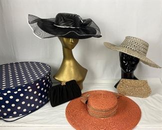 Vintage Hat Box with 3 Hats and 2 Clutches- Frank Olive For Neiman Marcus & More!