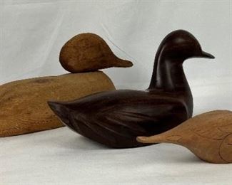 Three Carved Wood Duck Decoys & Figurines - Signed