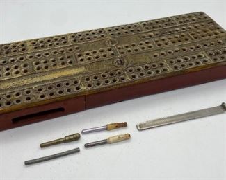 1800's Antique Brass and Wood Cribbage Board