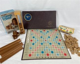 Vintage Games - 1970's Scrabble, 1970's Steiffel Tower & Dusyma German Wooden Cars / Trucks